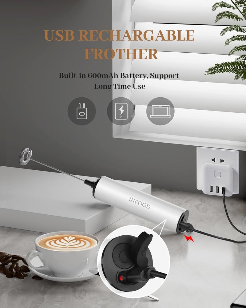 INFOOD Milk Frother Rechargeable with Cover - Coffee Frother Wand, Drink Mixer Handheld with 2 Detachable Stainless Whisks 2 Speed Adjustable for Latte, Cappuccino, Hot Chocolate, Egg, White - Image 2